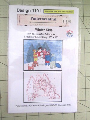 ''Winter Kids'' Iron On Transfer Red Work Needlework Pattern 10'' x 15''