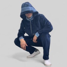 Men's Manzini Navy Sky Blue Hooded Velvet Casual Tracksuit Outfits Sets NWT