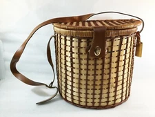 Cheese & Wine Cloth Lined Picnic Basket w/Adjustable Leather Strap