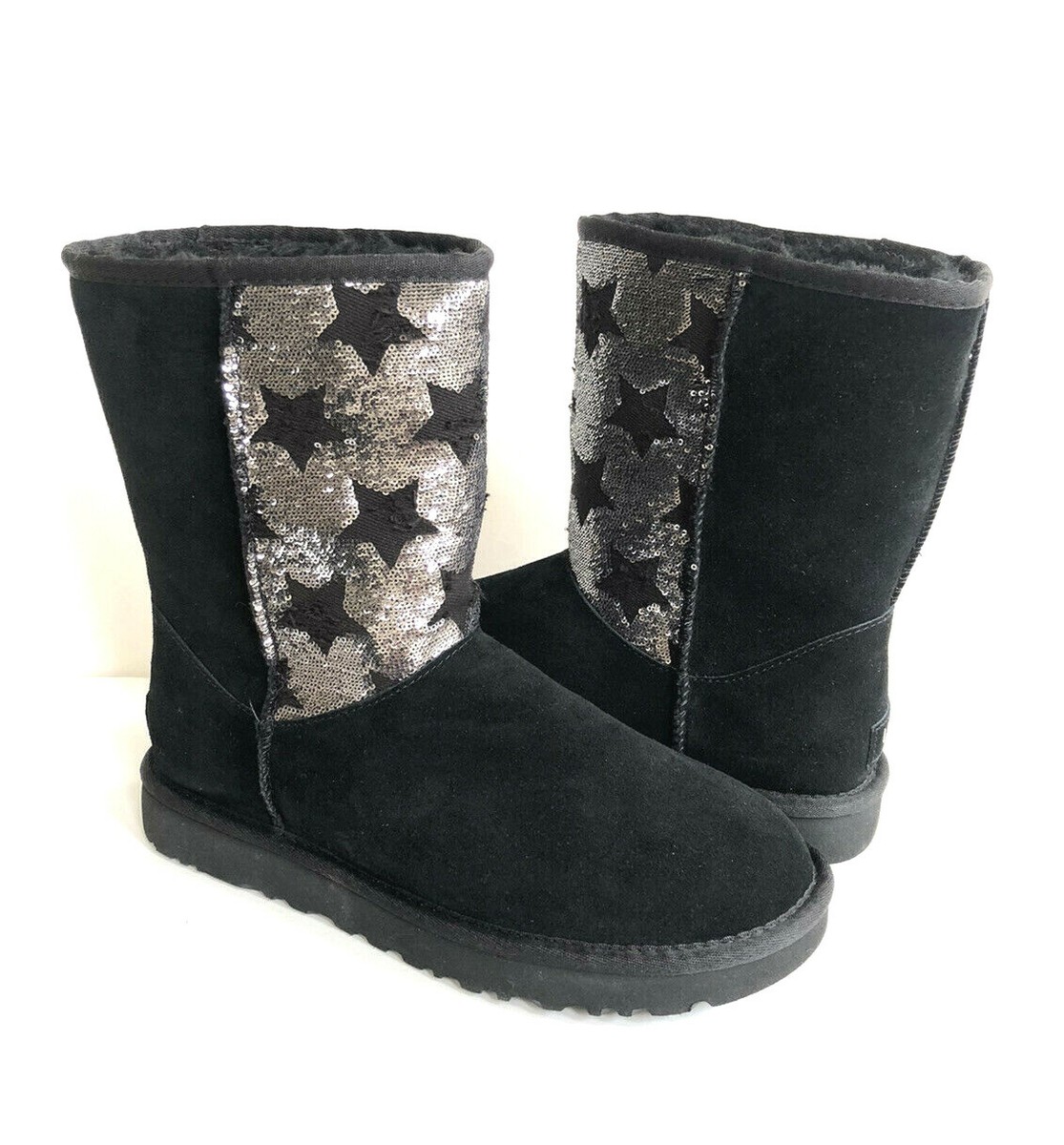 UGG CLASSIC SHORT SEQUIN STARS SPARKLES BLACK BOOTS US 7 / EU 38
