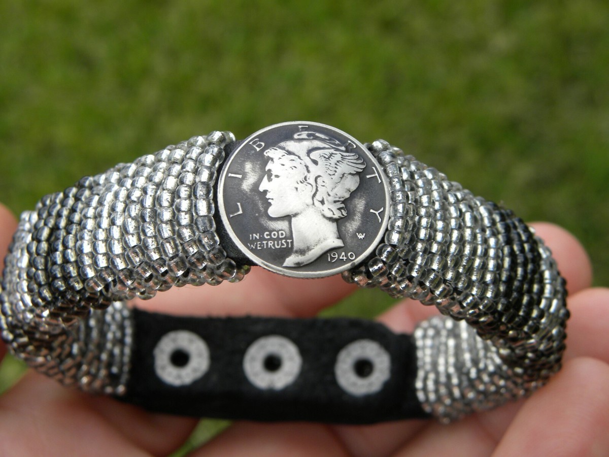 Bracelet authentic 1940 Mercury dime coin cuff Bison leather for 6