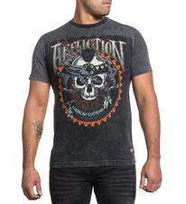 Affliction Men Shirt S/S Crew Neck Cherokee Skull American Customs Black Wash