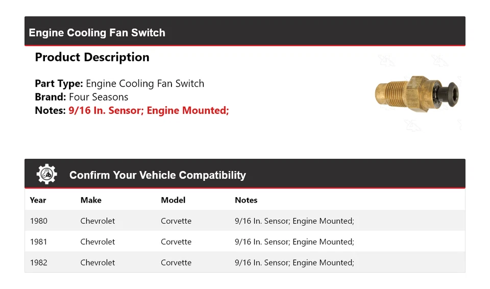 Interruptor de ventilador de refrigeración del motor Chevrolet Corvette 1980-1982 4 estaciones 1981 Foto 2 de 4
