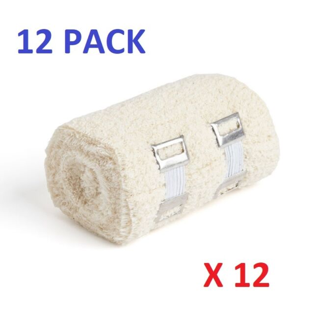 12 Pack Crepe Cotton stretch bandages 10cm x 4.5m With Retaining Clips