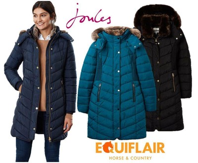 Joules Cherington Femme Chevron Matelasse Long Manteau Rembourre Marine Navy Equitation Vestes