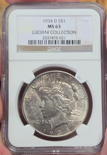 1934-D Peace Dollar MS63 NGC. Bright Clean Example!