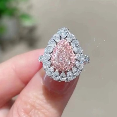 Pear Cut Fancy Vivid Pink Lab Grown/CVD Diamond Wedding Ring 14k White Gold