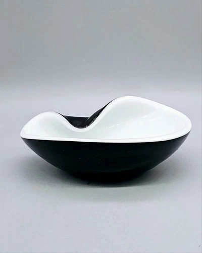 Vintage Murano Art Glass Alfredo Barbini Black & White Bowl Ashtray 6"