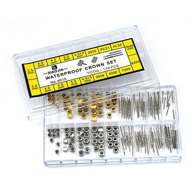 170Pcs Different Sizes Mixed Watch Stem Crown Repair Parts Assortment Set Box