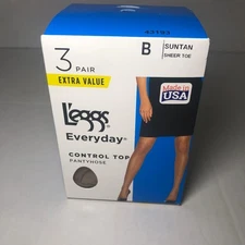 Leggs Size B Everyday Control Top Pantyhose, Sheer Toe ,Suntan 3 Pair New