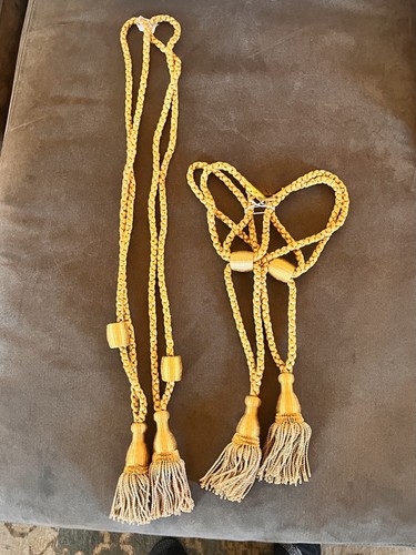 VTG Drape Tie Backs-Braided Cord Rope-Large Tassel Gold Set of 2-Curtain