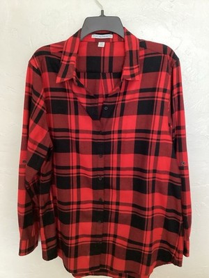 Woman s Port Authority Red/ Black Plaid Long Sleeve Comfy Flannel Shirt XL
