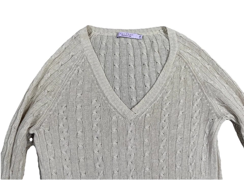 Calypso St Barth льняной кабель вязаный свитер размер маленький легкий бежевый V шеи - Изображение 3 из 4