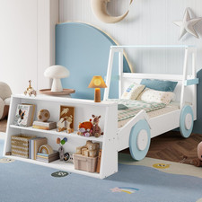Twin Race Car Bed for Kids with Storage - Blue White