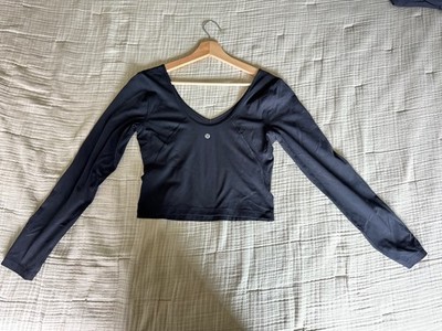 Lululemon Solid Black Align Crop Top Long Sleeve V Neck Nulu Size 8