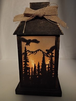 Battery Light Up Rustic Black Eagle Scenic Forest Mountains Lantern