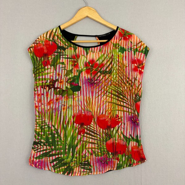 Portmans Top Womens M Green Tee T-Shirt Floral Cap Sleeve Keyhole Resort Coastal