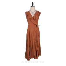 Midi Wrap Dress XS Orange Terra Cotta Ruffle Beach Lagenlook Cotton Summer Gauze