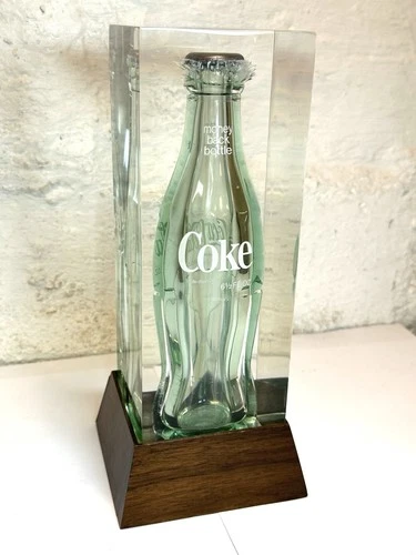 Vintage Coca Cola Employee Award Lucite Display Coke Bottle MCM Statue Wood Base