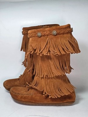 Minnetonka Three Layer Fringe Boots Girls Size 1 Brown Suede Mid Calf Western