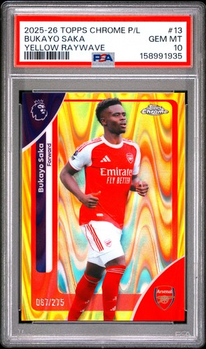 2025-2026 TOPPS CHROME PREMIER LEAGUE YELLOW RAYWAVE BUKAYO SAKA 87/275 PSA 10