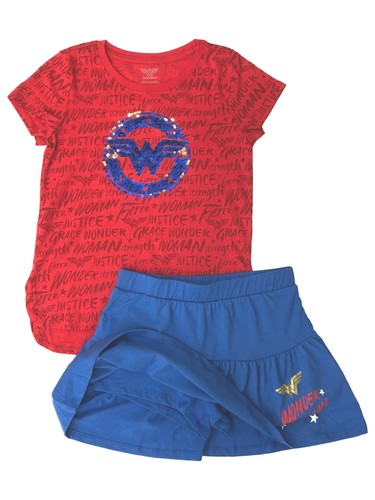 DC Comics Girls Red Sequin Wonder Woman Outfit Tee & Skort Skirt Set - Picture 2 of 3