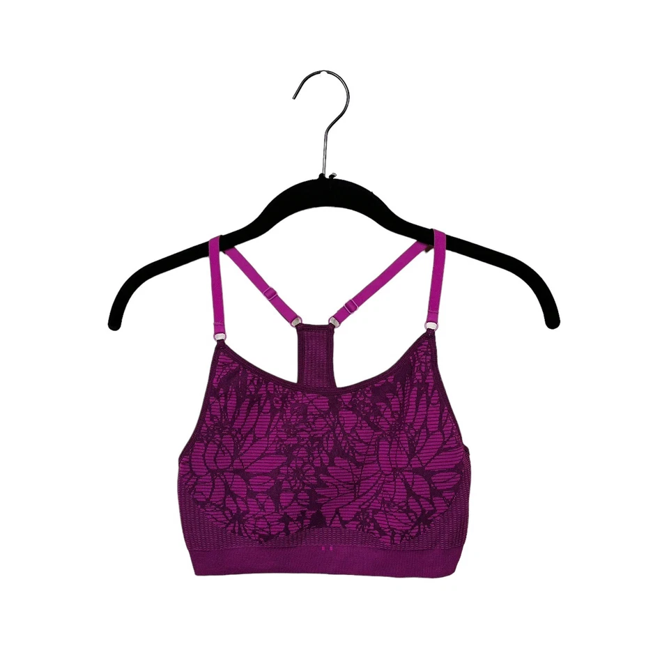 Fabletics Samana Seamless Sports Bra Womens Size XXS Purple Jacquard Floral Yoga - Image 2 of 4