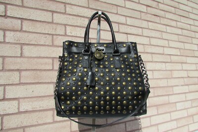 Michael Kors Hamilton Black Leather Studded Satchel Chainlink 