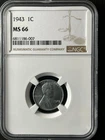 1943  1C Lincoln Wheat One Cent  NGC MS66  6811186-007