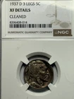 1937-D  3 Legs Buffalo Nickel XF Cleaned