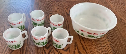 Vintage Hazel Atlas Tom And Jerry Milk Glass Egg Nog Set With Bowl and 6 Cups