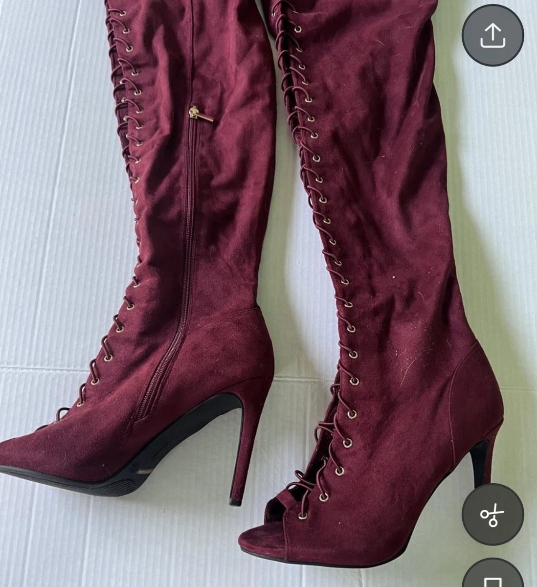 Botas altas Anne Michelle borgoña hasta el muslo talla 10 con cordones punta abierta aguja OTK