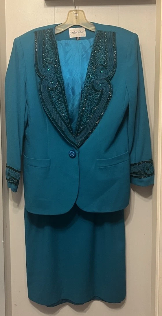 nolan miller blue beaded dress Nolan Miller Dynasty Collection Gown and Fur Trimmed Jacket 1980s – Palm  Beach Vintage main image 1