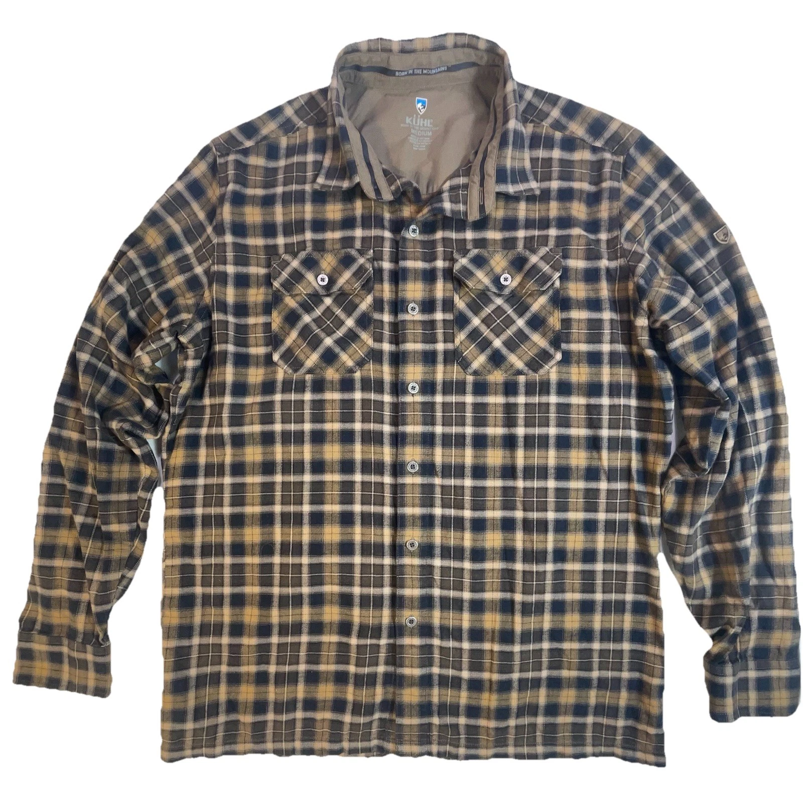 KUHL Mens Fugitive Plaid Button Up Shirt M Long Sleeve Tan Navy Hiking - Read