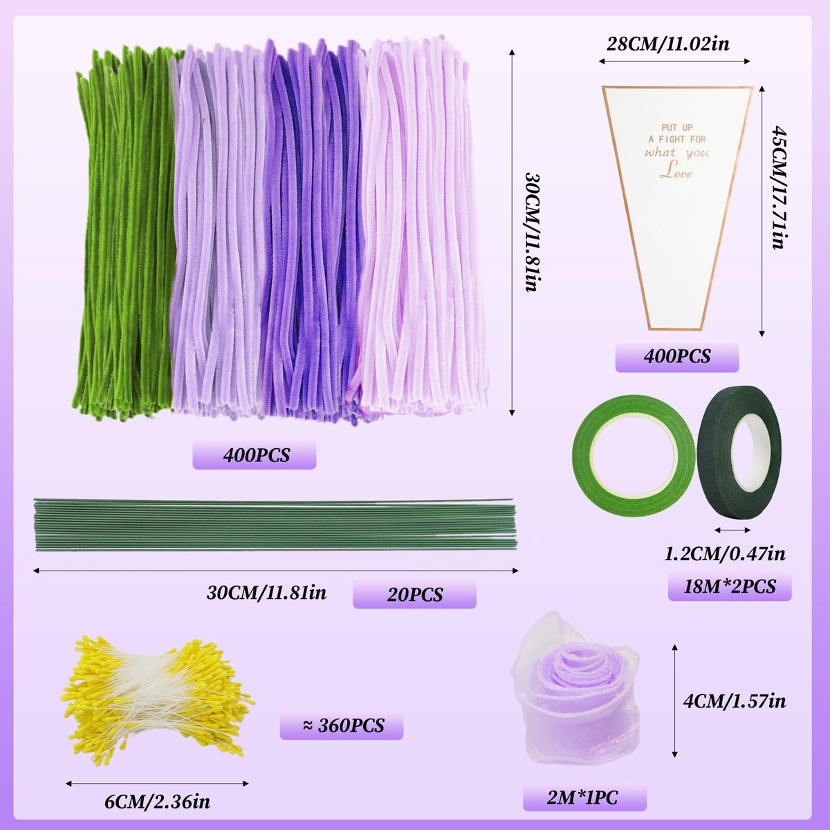 400 PCS Pfeifenputzer Bastelset - Mit Staubblättern Und Blumendraht In 4 Farben