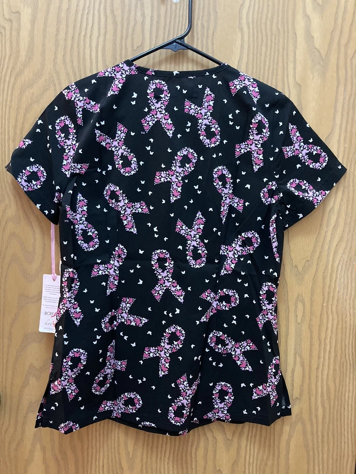 NWT Womens Koi Basics Scrub V-neck Top Breast Cancer Ribbon SIZE XS Black Pink - Image 3 of 4