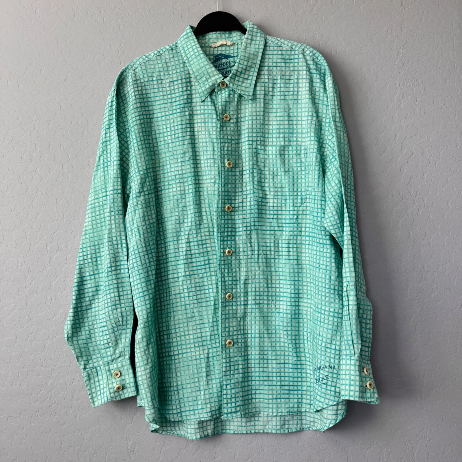 Tommy Bahama Linen Shirt Button Up Long Sleeve Aqua Blue Plaid XL