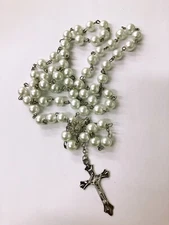 Catholic Rosary White Faux Pearl Prayer Silver Cross Rosary / Religious Rosary