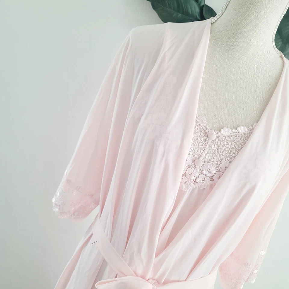 Shadowline Vintage Nylon Peignoir Pink Long Lace Sleevless Night Gown Robe Set S - Image 3 of 4