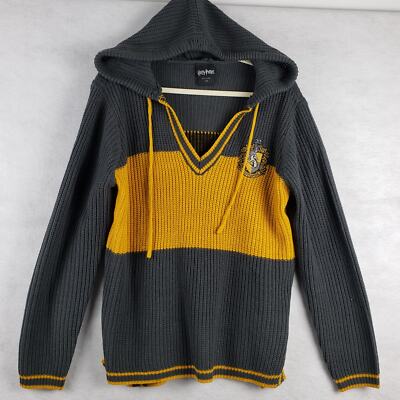 Harry Potter Size L Hufflepuff Knit Hooded Sweater Gray Gold Colorblock  Hogwarts
