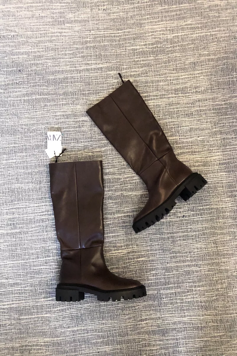 Zara Dark Brown Flat Real Leather Track Sole Knee High Boots UK4,EU37 US6.5  832