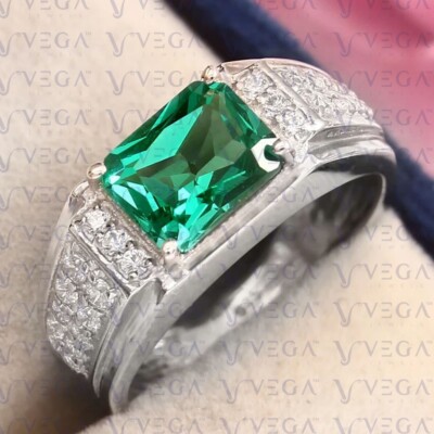 Radiant Cut Natural Emerald Diamond Men's Ring 18k White Gold  Plated