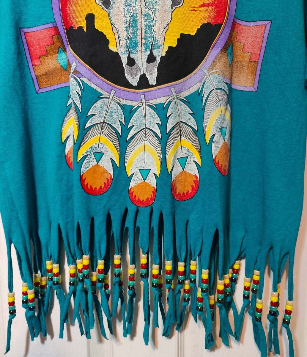Vtg 90s Native Art Beaded Shirt XL USA Made Tribal Aztec