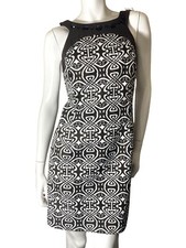 Ann Taylor Brown & White Dress 6P Geometric Pattern Sleeveless  Jewel Accents M