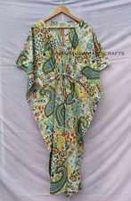 Cotton Loose Short Sleeves Paisley Print white Free Size Boho Caftan Maxi Dress