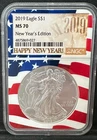 2019 American Silver Eagle NGC MS 70 Happy New Year Day Edition Flag