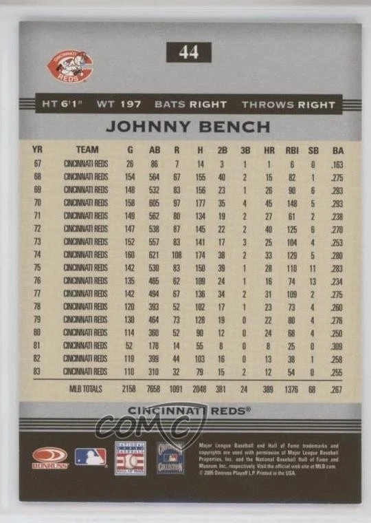 2005 Donruss Greats Silver Holofoil Johnny Bench #44 HOF - Image 2 of 2