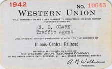 WESTERN UNION TELEGRAPH EXPRESS RAILROAD PASS 1942