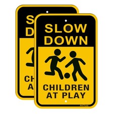 Slow Down Sign Children at Play Sign 2-Pack, 18"" x 12"" Kids Playing Aluminu...