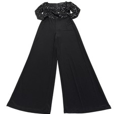 Adrianna Papell Jumpsuit Womens 2 Black Sequined Wide Leg V Neck Holiday Party
